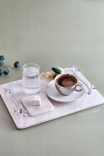 ioadesign Acacia - Groom's Coffee Set Real Fine Marble Tray + Cup + Water Cup + Turkish Delight Bowl Silver Handle