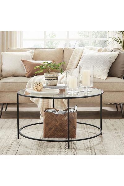 VASAGLE Masa de cafea rotunda, din sticla securizata cu cadru metalic, 84x84x45cm, negru
