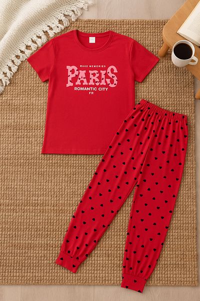 FAMESTEKSTİL Paris Printed Heart Patterned Red Women's Pajama Set