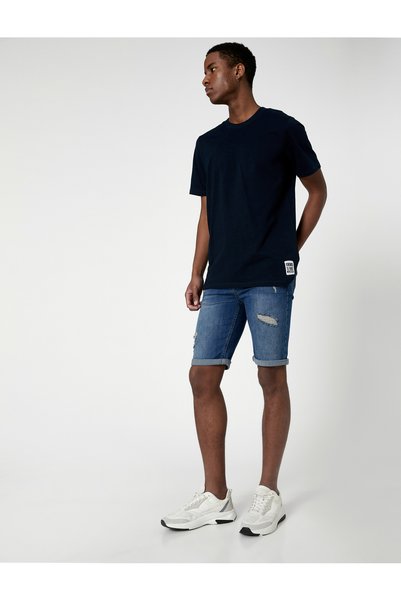 Koton Ripped Jean Shorts Folded Leg Detailed Buttoned