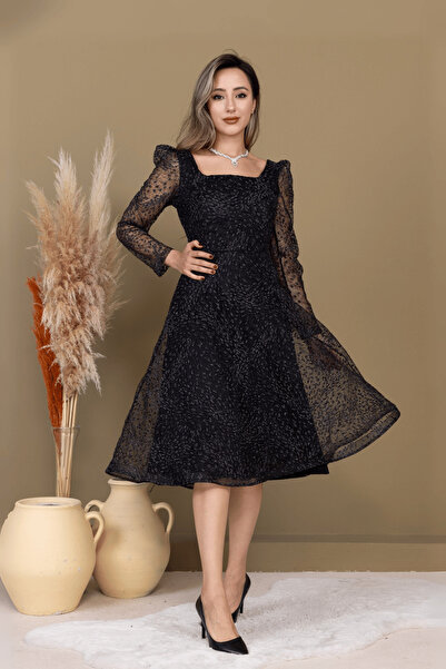 BEYBOS Tül Simli Kumaş Kare Yaka Midi Abiye Elbise - SİYAH