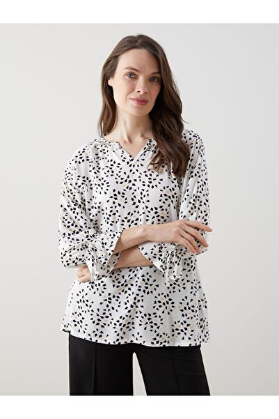 LC Waikiki Lcw Grace Ecru V-Neck Printed Ruffled Women's Blouse