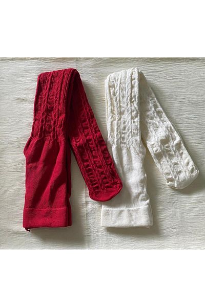 DÜVEN Girl's 2-Piece Cotton Karina Patterned Pantyhose Red & Vanilla