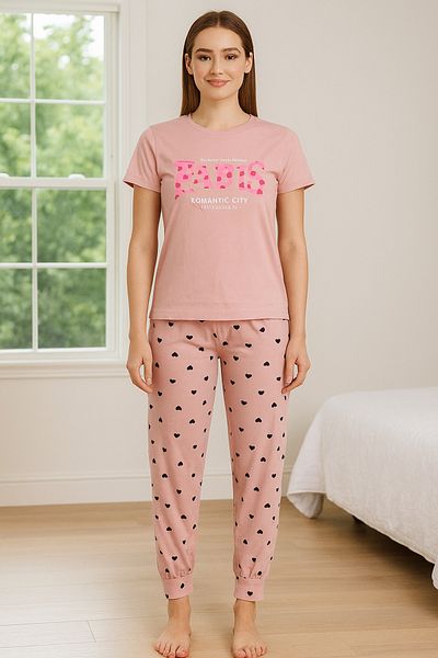 FAMESTEKSTİL Women's Pink Short Sleeve Heart Patterned Pajama Set