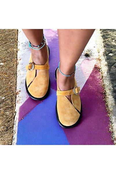 NE&VE SHOES Hardal Hakiki Süet Tokalı Kadın Günlük Rahat Sabo Terlik