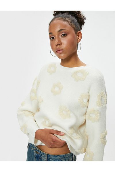 Koton Beige Women's Floral Patterned Sweater