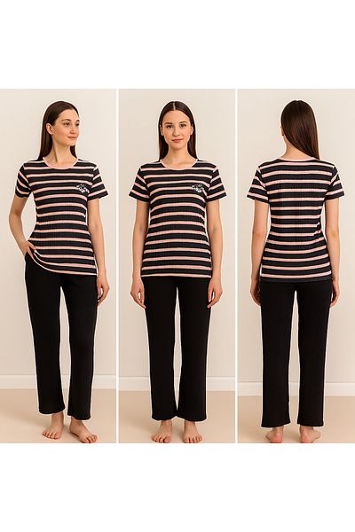 FAMESTEKSTİL Women's Striped Rose Detailed Short Sleeve Home Wear Pajama Set – Black Pink