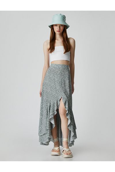 Koton Ruffle Detail Floral Maxi Slit Skirt