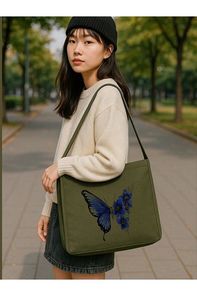 Cemira Butterfly Tote Bag, Cloth Bag, Khaki Canvas Messenger Bag, Laptop Bag, School Bag