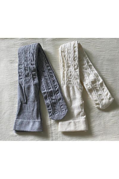 DÜVEN Girl's 2-Piece Cotton Karina Patterned Pantyhose Gray & Vanilla
