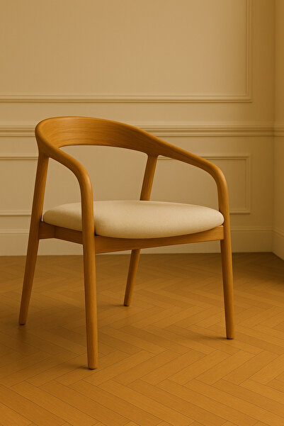 Trihome Modern Ceviz Ahşap Kollu Sandalye – Krem Döşemeli, Ergonomik Tasarım,...