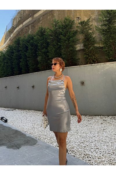 Bak'ap Metal Silver Shiny Backless Mini Dress