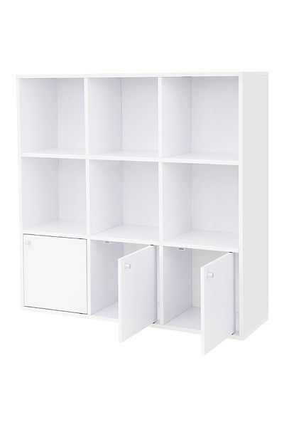 VASAGLE Biblioteca din lemn, cu 9 cuburi, 3 dulapuri inferioare, 98x98x29cm, alb