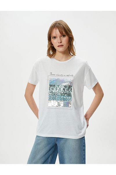 Koton Short Sleeve Crew Neck Sequined T-Shirt