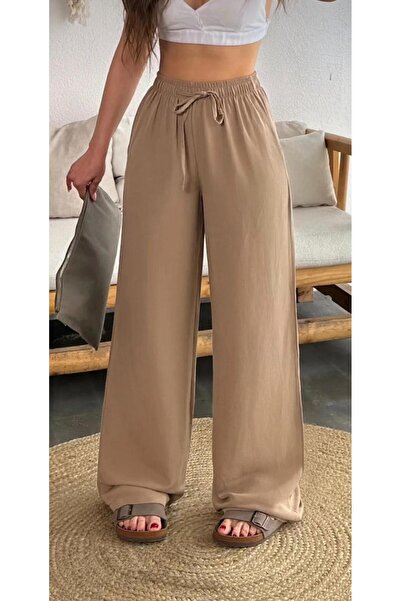 jsshop collection بنطلون نسائي من SUNRİSE مصنوع من مزيج الكتان والقطن وخصر مط...