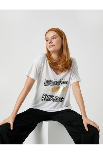 Koton Animal Printed V Neck T-Shirt