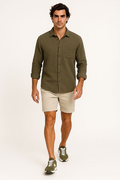 OIL PARK Men's Long Sleeve Oversize Pocket Muslin Linen Shirt