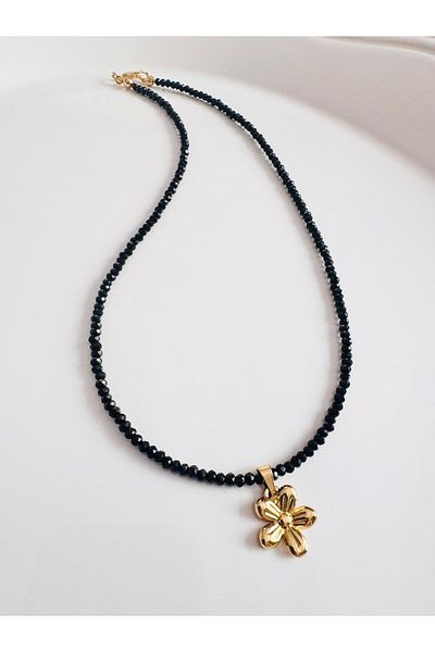 DEVİ fashion Steel Daisy Tip Black Necklace 45 cm