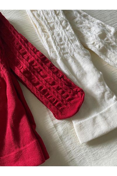 DÜVEN Girl's 2-Piece Cotton Karina Patterned Pantyhose Red & Vanilla