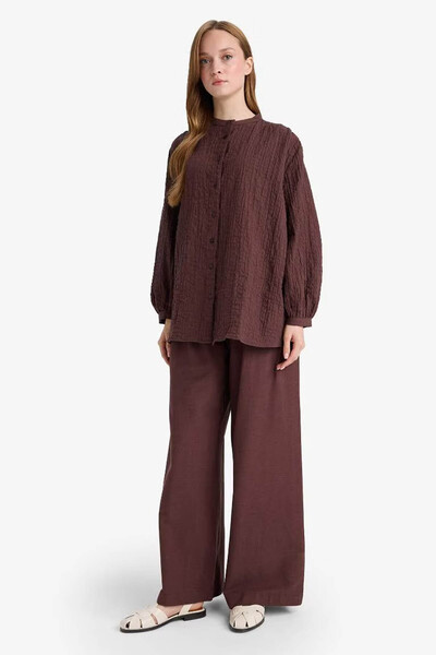 DeFacto Wide Leg Linen Blend Brown Women's Trousers F7633Ax/Bn328