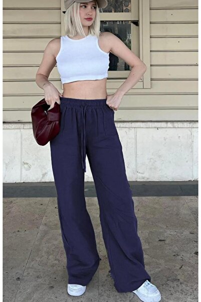 SU SHE Pantaloni de damă cu picioare largi (palazzo) din amestec de in și bumbac, cu talie elastică în talie înaltă, pentru toate anotimpurile