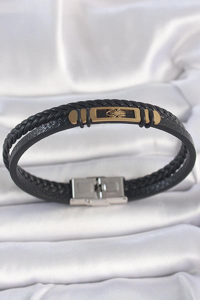 Celira Steel Gold Color Spider Figure Double Row Twist Patterned Leather Cord Men's Bracelet
