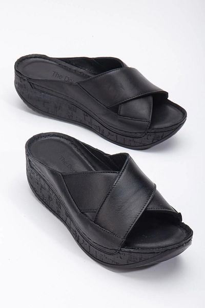 Deniz Terlik Genuine Leather Padding Cross Orthopedic Soft Inside Women's Daily Slippers
