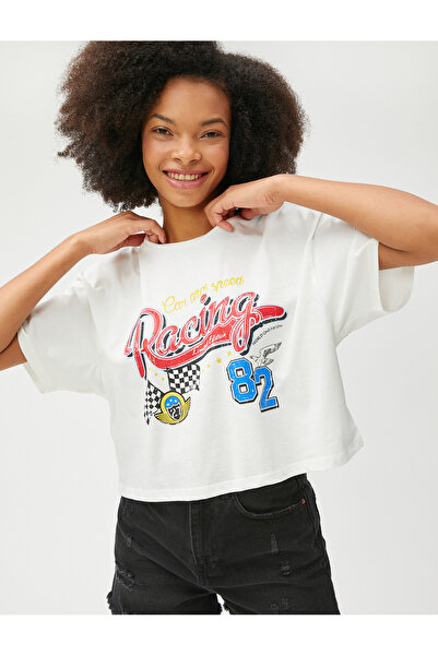 Koton Cotton Printed Short Sleeve Crew Neck Crop T-Shirt