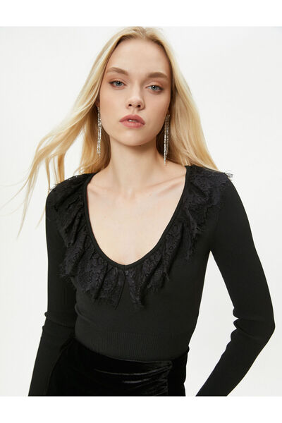 Koton Regular Fit Ribbed V Lacy Neck Knitted Sweater