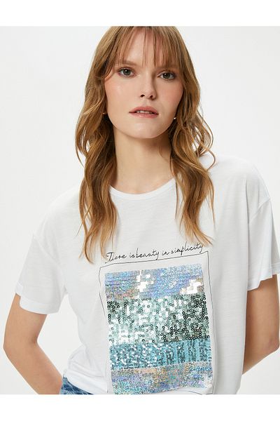 Koton Short Sleeve Crew Neck Sequined T-Shirt