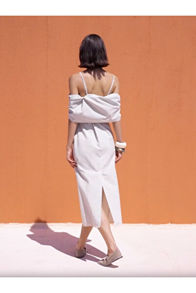 KAMEYA Rose Detailed Striped Khaki Dress