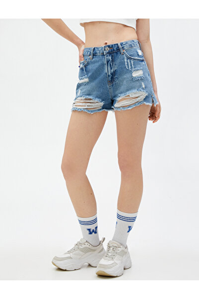 Koton Cotton Pocket Detail Destroyed Jean Shorts