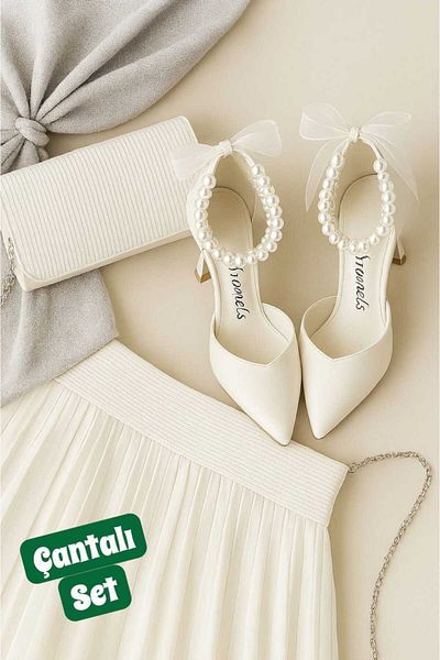 FAMELS TARZINI YAŞA Short 7 cm Heels Shoes Pearl Model White Shoes, Evening Dress Shoes for Special Occasions