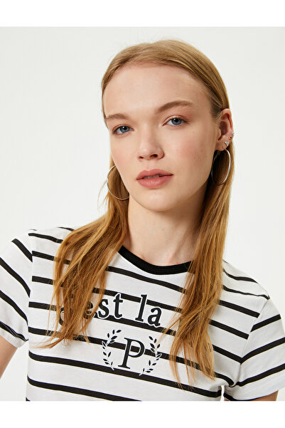 Koton تي شيرت نسائي أسود مطبوع عليه شعار