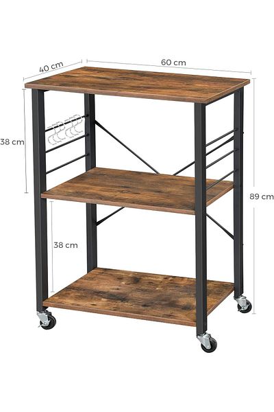 VASAGLE Kitchen shelf on wheels, serving trolley with 3 shelves, metal frame, 40x60x89cm, brown