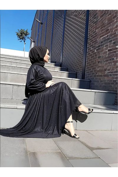 STYLE NİŞANTAŞI Glitter Black Hijab Evening Dress with Belted Waist Glitter Evening Dress