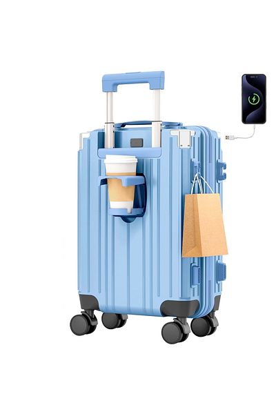 Quasar & Co. Medium trolley 66x45x26cm, checked luggage, cipher trolley, 4-wheel suitcase, ABS suitcase, cup holder, blue
