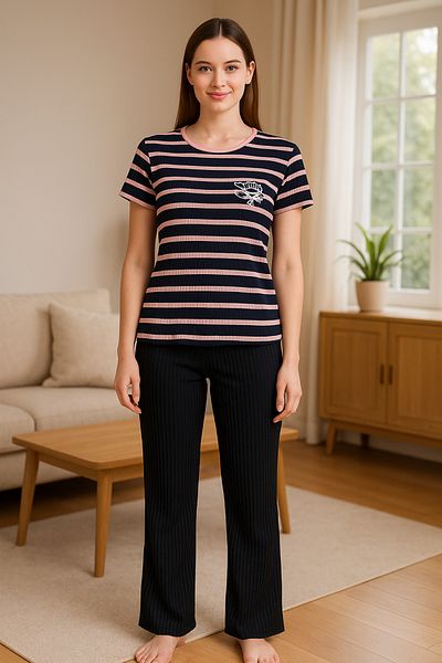 FAMESTEKSTİL Women's Striped Rose Detailed Short Sleeve Home Wear Pajama Set – Black Pink