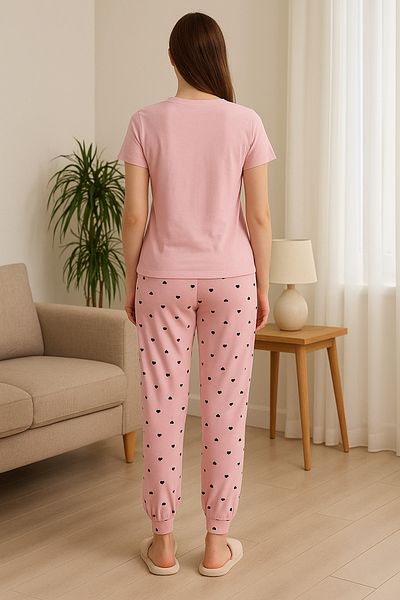 FAMESTEKSTİL Women's Pink Short Sleeve Heart Patterned Pajama Set