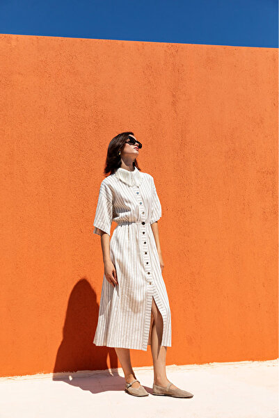 KAMEYA Striped Shirt Dress with Tassel Collar
