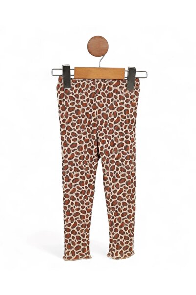 Ege Bebek Stylish Girl's Set with Leopard Patterned Ribbed Leggings and Sweatshirt with Ruffle Detail on the Shoulders