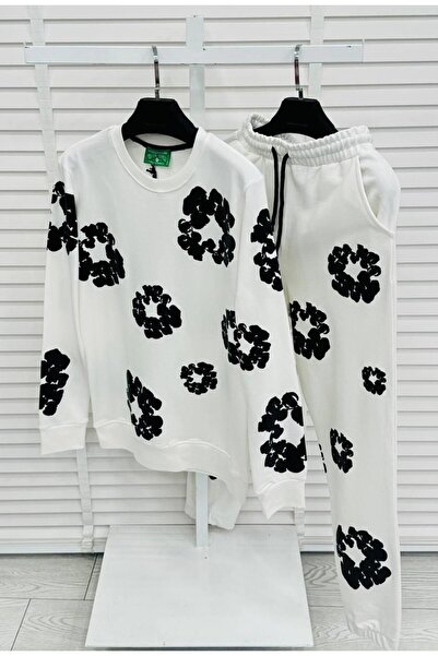 Afri White Color Floral Pattern Oversize 3 Thread Men's Tracksuit Set - 100% Cotton