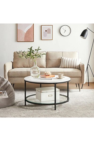 VASAGLE Round coffee table with imitation marble top, 80x45cm, white and black