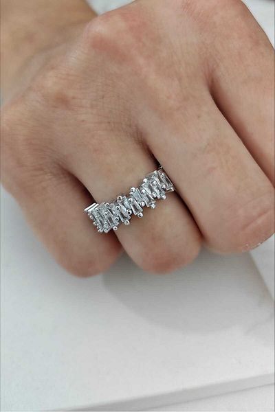 KYOLA DESİGN Baguette Stone Zigzag Row Silver Color Adjustable Women's Ring