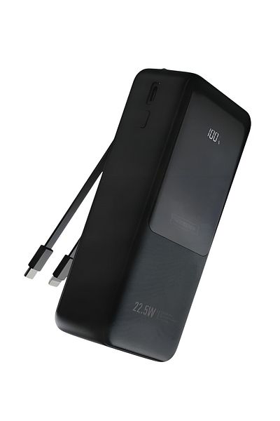 Veger 30000mAh Power Bank with Built-in Type-C and iPhone Cables, Display Screen, and 22.5W Charging Power - Black