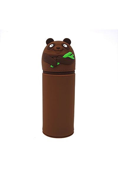 DNS Cylindrical school pencil case, unisex silicone case, 1 zipper compartment, brown Panda QS-2018
