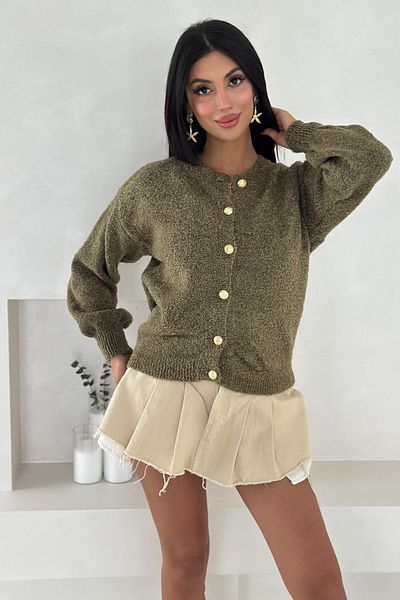 FEMELLE Khaki Gold Button Detailed Knitwear Cardigan Standard Size Soft Texture