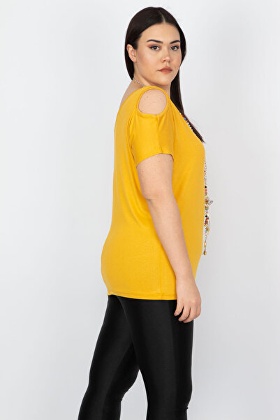 Şans Γυναικεία μπλούζα μεγάλου μεγέθους σαφράν ώμου χαμηλού κοπής βισκόζης 65n22698