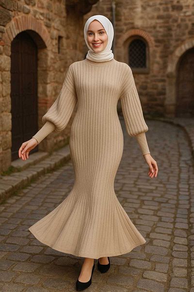 AXXAN Knitwear High-Necked Dress Fish Skirt Model Sleeve Rib Leg Long Dress Length 140cm Size 38/42