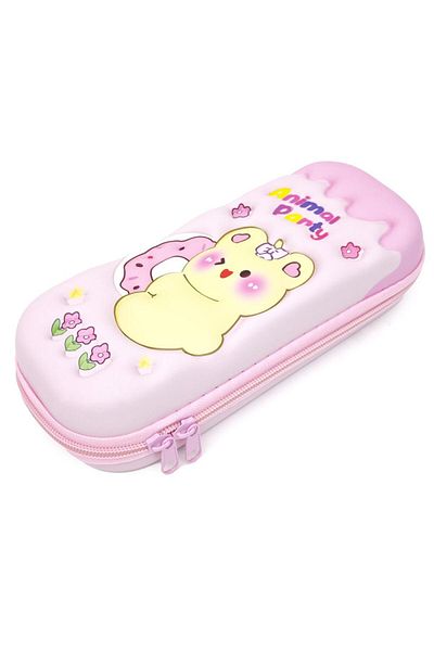 DNS Pencil case for school girls, with 1 compartment 1 zipper, unequipped, 3D Party Bear yellow, pink 6669